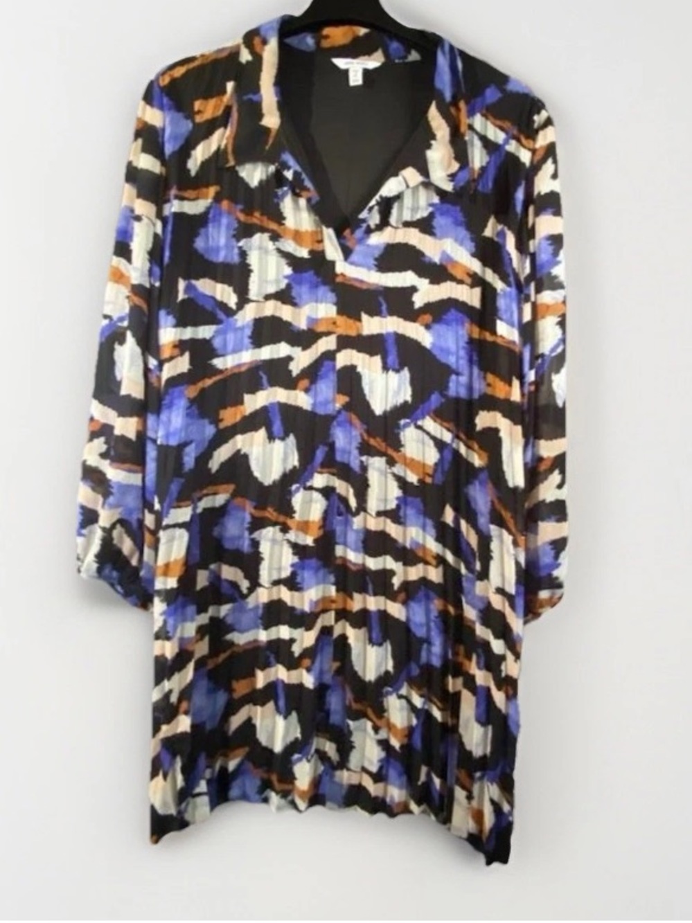 Nine West Black, Blue, White & Brown Abstract Print Pleated Dress